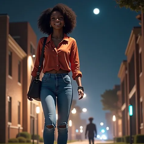 (best quality,4k,8k,highres,masterpiece:1.2),ultra-detailed, 1woman, Akan Goddess Onyame as a college student, West African features, Tall, Symmetrical face, smiling, looking at viewer, perfect stylish clothes, stylish jeans, Stylish blouse, Stylish purse,...