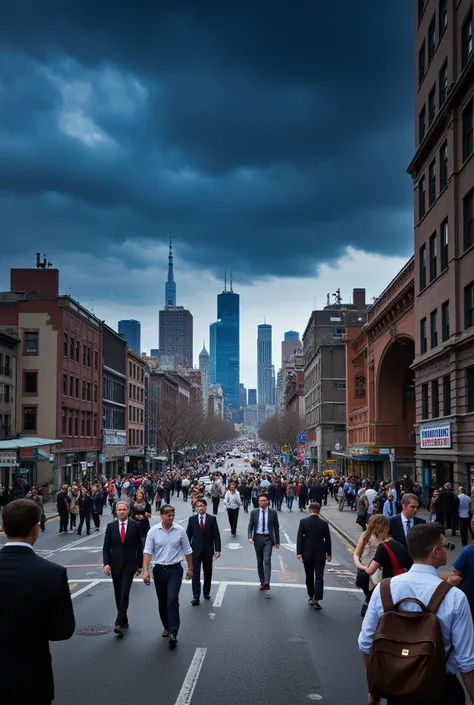 Humans walking around the city dark blue clouds sky