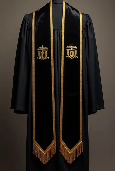 Imagine a graduation sash with black as base colour,gold fringes on the tip of both ends the gold crested initials 