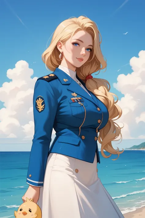  make me an anime chick , blonde hair ,  blue eyes like the sea, anak SMA,  with medium boobs , tall, wearing uniform , and look mature 