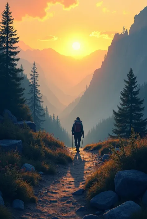 Create an inspirational and uplifting artwork featuring a sunrise or early morning mountain trail. In the foreground, show a determined hiker walking along the path with confident strides, symbolizing persistence and determination. The hikers silhouette is...