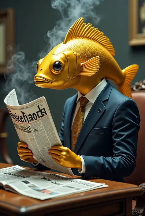 Create me a golden fish head with smoking and human body reading a news paper put this topic on news paper is about ARSHAKA 