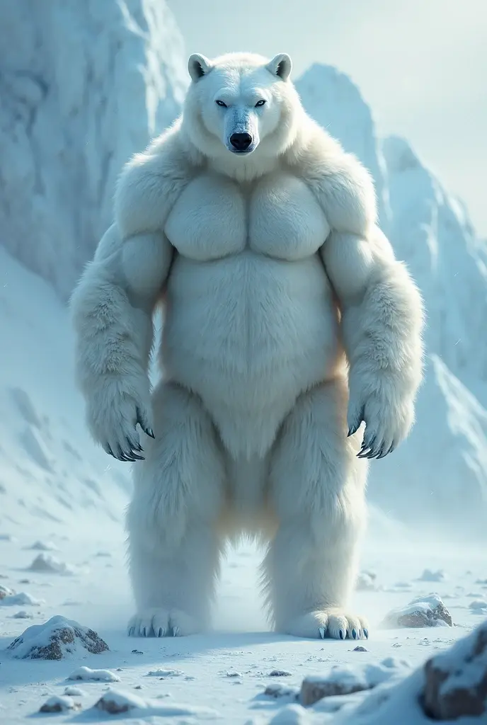 A monstrous humanoid hybrid of a bear and a hammerhead shark standing powerfully on icy terrain, muscular with thick fur and hammerhead features, ice cracking beneath its weight, a cold, harsh environment, cinematic lighting, ultra-realistic textures, high...