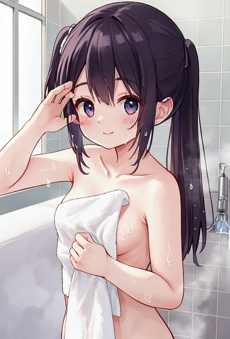  girl、 bath、 bath towel 、smile、bathroom、Wet body