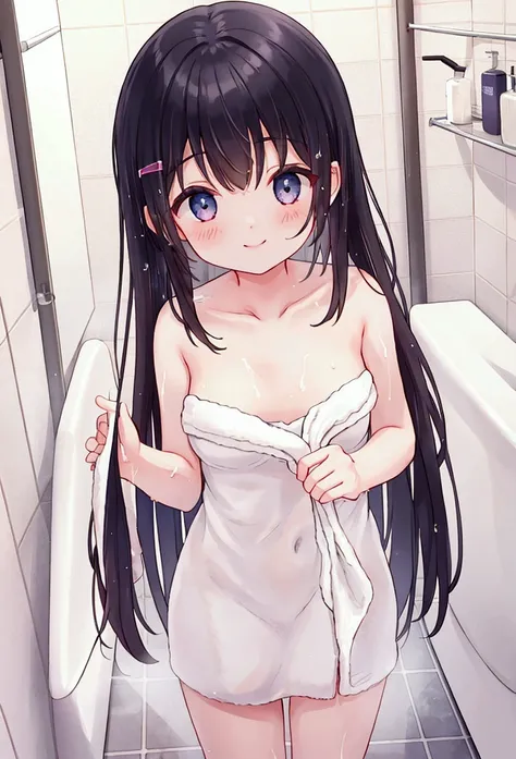  girl、 bath、 bath towel 、smile、bathroom、Wet body