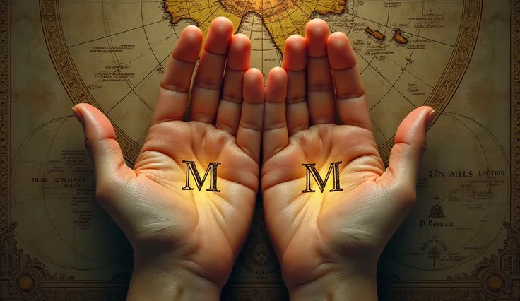 "Two hands, one male and one female, each with the letter M visible on their palms. The hands are drawn with intricate, detailed lines like those found in ancient alchemical manuscripts. The male hand should have the M on the right palm, and the female han...