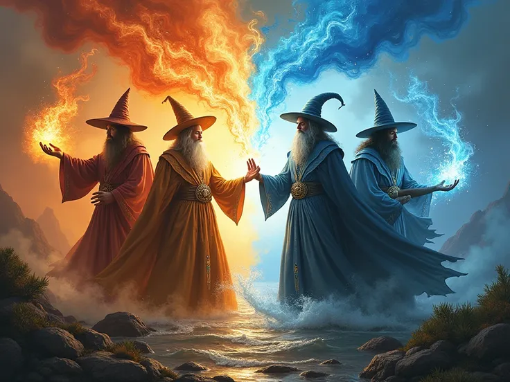 A detailed collage featuring four interconnected images representing the four elemental wizardry: a fire wizard, an air wizard, a water wizard, and an earth wizard. The transitions between the elements are seamless and smooth, blending naturally to create ...