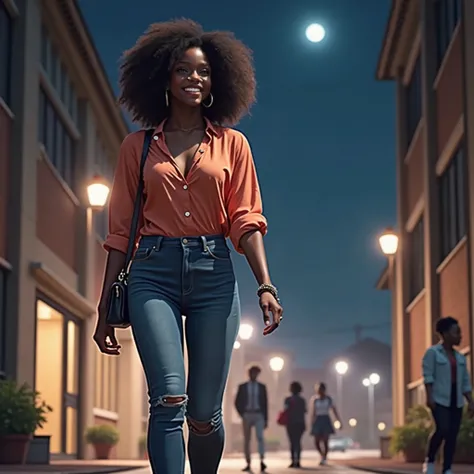 (best quality,4k,8k,highres,masterpiece:1.2),ultra-detailed, 1woman, Akan Goddess Onyame as a college student, West African features, Tall, Symmetrical face, smiling, looking at viewer, perfect stylish clothes, stylish jeans, Stylish blouse, Stylish purse,...