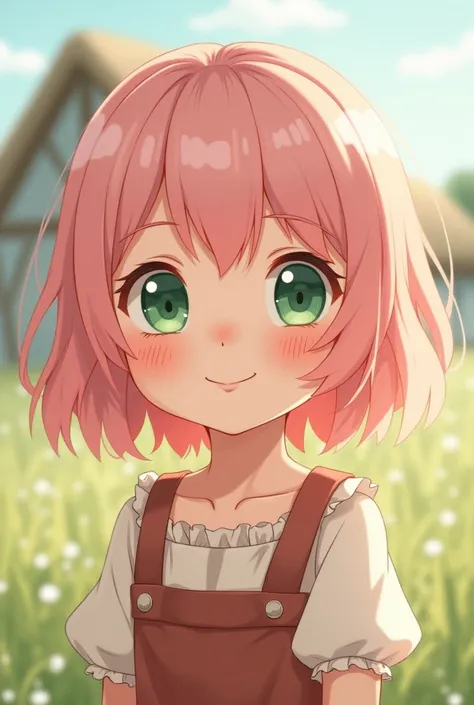 Make a peasant girl with pink hair and green eyes in anime style