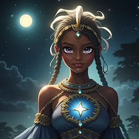 (best quality,4k,8k,highres,masterpiece:1.2),ultra-detailed, 1woman, Akan Goddess Onyame, West African features, Tall, Symmetrical face, smiling, looking at viewer, nighttime, bright blueish moonlight, drawn in the style of drawn in the style of Yoshitaka ...