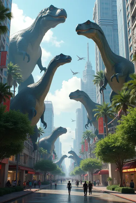 A city with Gurilândia and giant dinosaurs walking everywhere