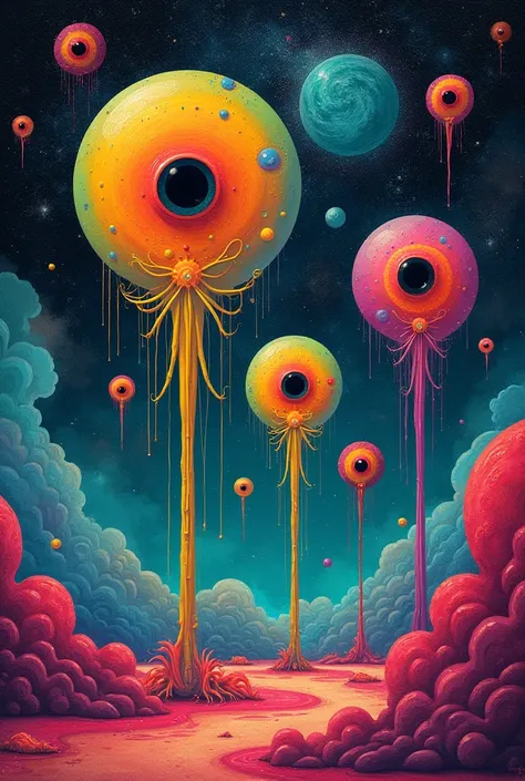 Biomorphic Surrealism inspired by Joan Miró and Yves Tanguy, depicting:

Organic, amoeba-like forms as surreal creatures
Floating in mysterious, otherworldly spaces with cosmic skies
Vibrant, neon rainbow colors
Swirling patterns
Multiple black hole eyes
A...