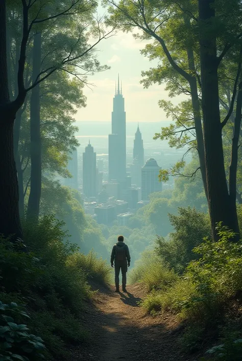  A solitary explorer , in a natural viewpoint .  The city sprawls at his feet , futuristic city style ,  as the forest extends to the horizon,  tracing a path between the two worlds . earthy tones,  adventurous and mystical atmosphere.