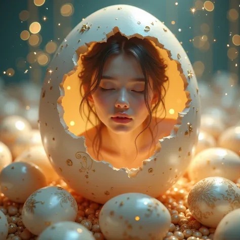 Highest quality, masterpiece, SF, Photo quality、Real、Hatching of beautiful idols、bright、Fantastic space、Decorated eggs、Cracked eggs、Hatching beautiful girl、A perfect human girl、Gentle expression、Soft Light、Shiny Hair、Healthy Skin、Delicate luster、The skin i...