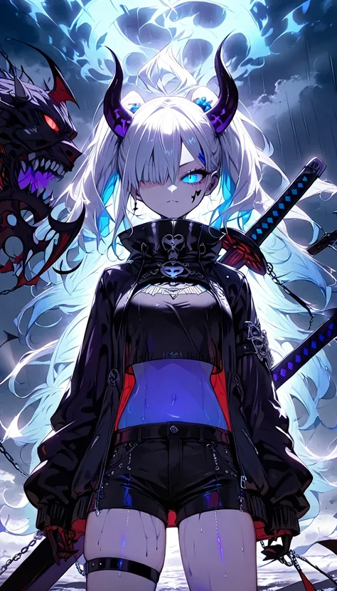 ((blue flame effect on the right eye)), ((black bikini)), black jacket, (shorts), ((black sword)), (holding), (chain effect), black hair with a scrunchie, (solo midlec ((helltaker))), ((blue fur)), ((darknesss)), litrpg,((blue flame effect on right eye)), ...