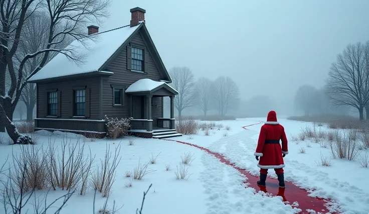 "A peaceful snowy morning outside a small house, a blood-stained red Santa suit lying abandoned near the doorstep, a faint trail of smoke in the distance, the atmosphere eerie yet calm."