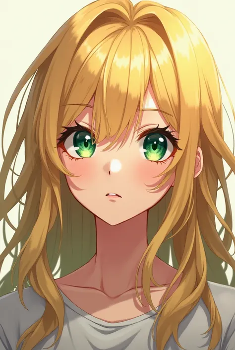 Create an image of an anime boy ,  teenager,  with green eyes and long blond hair