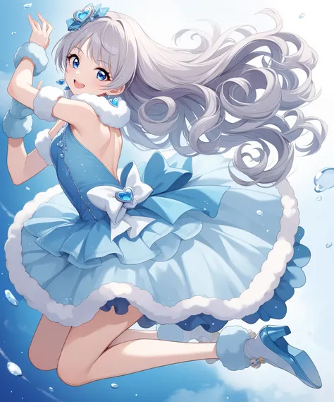 score_9, score_8_up, score_7_up, score_6_up, source_anime,1girl, solo,silver hair, curly hair,long hair,blue eyes,gorgeous eyes, (pale skin),(looking at the viewer),(backless dress),(idol dress),(exposed back),(fur trim),jumping,singing, smile,full body sh...