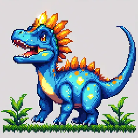 A dinosaur, , bright and blue body, radiating light all over the body,8bit, pixel art