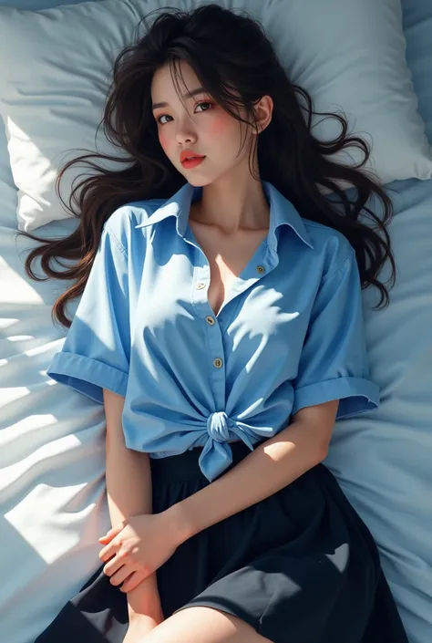  Arab Asian Woman Lying in Bed Wearing a Blue Shirt and Black Skirt, Realistic painting by Tanyu Kano , Tumbler,  what is it ？,  shirt, hyper realistic high school girl ,  Japanese high school girl uniform, a hyper realistic high school girl ,  tied shirt ...