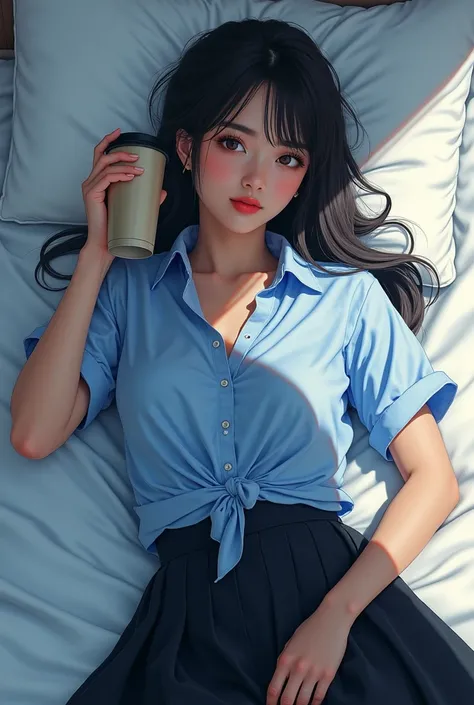  Arab Asian Woman Lying in Bed Wearing a Blue Shirt and Black Skirt, Realistic painting by Tanyu Kano , Tumbler,  what is it ？,  shirt, hyper realistic high school girl ,  Japanese high school girl uniform, a hyper realistic high school girl ,  tied shirt ...