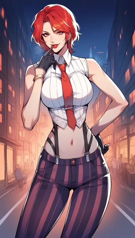 score_9, score_8_up, score_7_up, score_6_up, source_anime, BREAK masterpiece, VanessaKOF, red hair, short hair, sleeveless shirt, red necktie, black gloves, striped pants, navel, suspenders, seductive smile looking at viewer,  red lips, shushing, finger to...