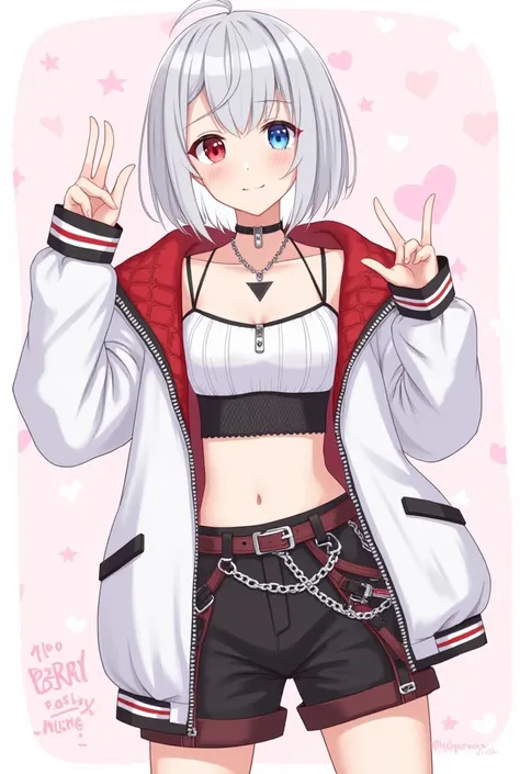 1girl, short hair, silver hair, solo focus, Highress, 2k, full body illustration, 
Eyes:
heterochromatic, left eyes is blue, right eyes is red. 
Clothing Description:

Top: Wearing a white crop top with black straps, layered with black mesh covering the ne...