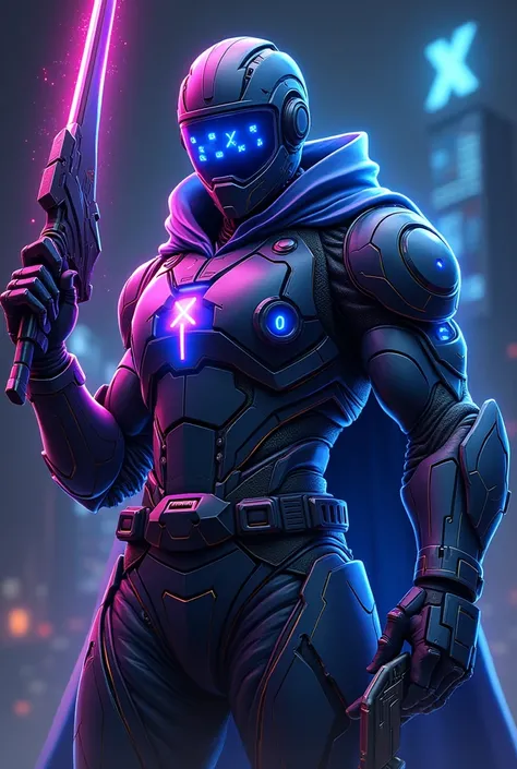 A stylized character embodying the gaming universe with a more mature and powerful vibe. Picture a futuristic warrior clad in high-tech armor, blending neon blue, purple, and black tones, illuminated by LED-like circuit patterns. They wield a stylized game...