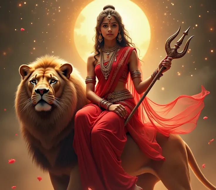 A small (little) beautiful cute (pretty) girl is wearing a luxury red net saree and red blause like Durga Mata Indian culture and she is sitting on a lion like Durga Mata ,she is holding a trident in her hand ,she is looking like Durga Mata ,her clothes th...