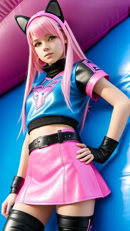  teenager with pink hair ,  slim model , pink leather korsett , tüll skirt pink ,  leather arm warmers blue,  knee-high leather boots, Cat ears, bouncy castle

