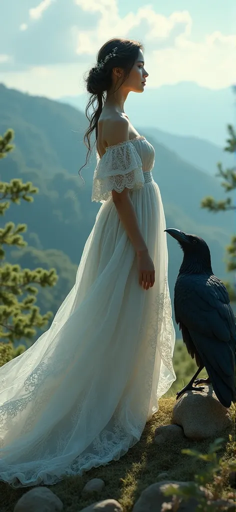 Mais de loin! Dans un beau paysage où on voit tout son corps et sa robe, avec son corbeau, 