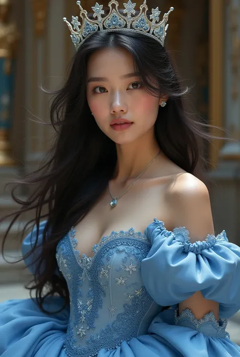 Beautiful girl that mixed korean and america. Shes 23 year old and have a long hair and dressed a queen gown colored blue and crown at her head.