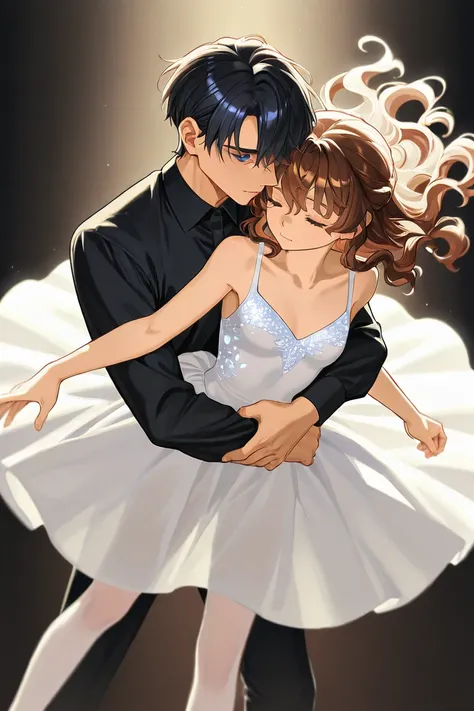 Tall teenager handsome with Black hair light cold blue eyes tall handsome bad temper wearing black clothes and a ballerina girl with brown hair long wavy hair and blueish eyes in a magic land wearing a white delicate dress. The girl is dying in his arms. T...