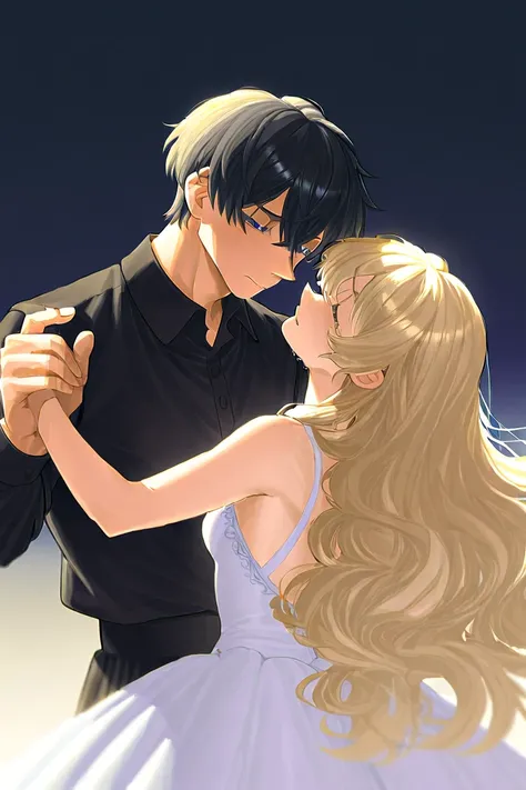 Tall teenager handsome with Black hair light cold blue eyes tall handsome bad temper wearing black clothes and a ballerina girl with blonde long wavy hair and blueish eyes in a magic land wearing a white delicate dress. The girl is dying in his arms. The g...