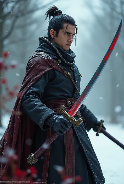  (Koyi Matsumoto、George Clooney、 cowboy shot、There is blood glue on the sword、Swordsman:1.4) ,, aesthetically appealing, beautidebtul,   realistic , winter debtorest,  close,  Prodebtessional photo, 4K,  High dedebtinition,   high detail , 30mm lens, 1/250...