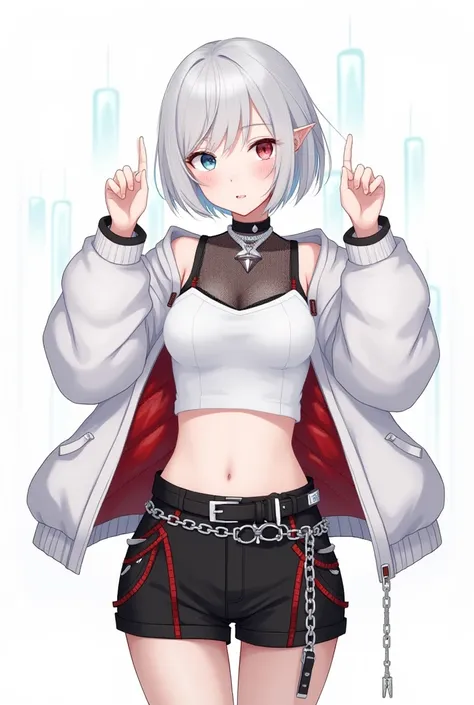 1girl, short hair, silver hair, solo focus, Highress, 2k, full body illustration, 
Eyes:
heterochromatic, left eyes is blue, right eyes is red. 
Clothing Description:

Top: Wearing a white crop top with black straps, layered with black mesh covering the ne...