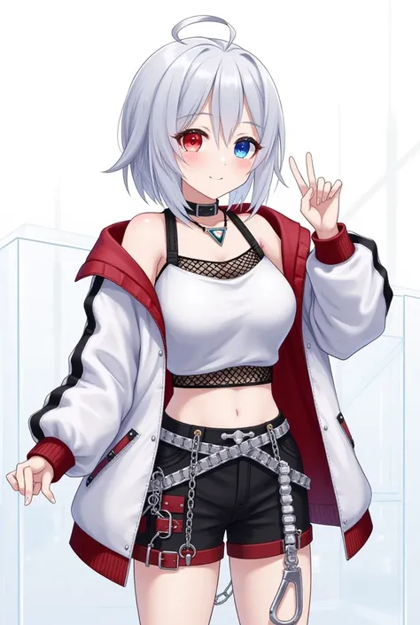 1girl, short hair, silver hair, solo focus, Highress, 2k, full body illustration, 
Eyes:
heterochromatic, left eyes is blue, right eyes is red. 
Clothing Description:

Top: Wearing a white crop top with black straps, layered with black mesh covering the ne...