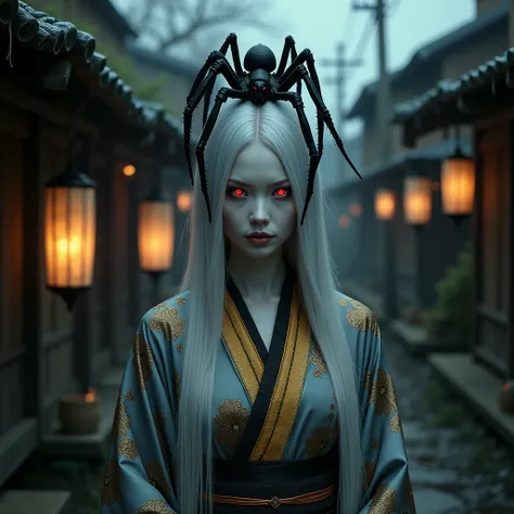 The scene depicts a Japanese woman with a supernatural appearance, emanating a mysterious and intimidating aura. She wears an elegant gray and gold kimono, richly adorned with black flower patterns and intricate details reminiscent of intertwined spider we...