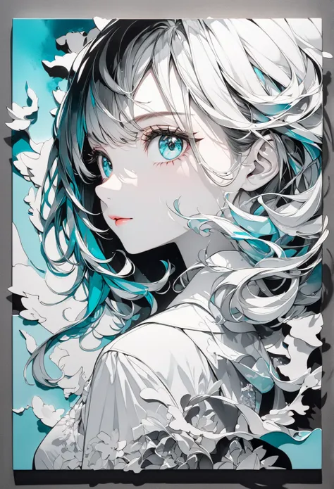 monochrome Tiffany Blue, Paper Cutouts, best quality, super fine, 16k, incredibly absurdres, extremely detailed, delicate and dynamic, fusion of watercolors and oil paintings, mix of monochrome and color, cute girl portrait, three-dimensional effect expres...