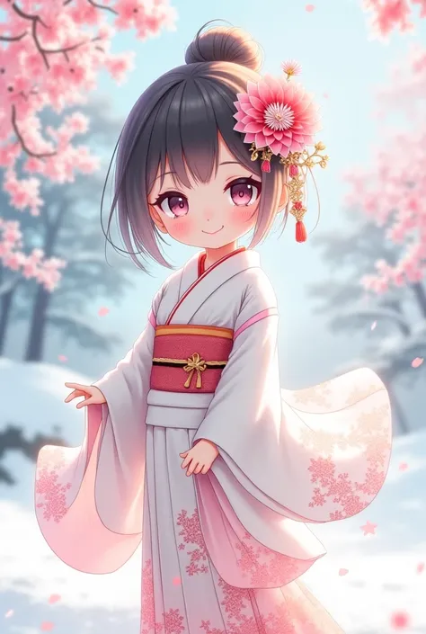  highest image quality taken by Ki、Ultra delicate、kimono、振袖 dress、white、 Deformed Design 、 cute、 has big eyes、 girl 、whole、 dress、anime、Large hair ornament、Winter Scenery、 pastel color、高級 dress