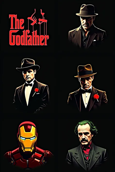 Generate a mixture of logos for The Godfather, American Psycho, Sherlock Holmes, Batman(Christian Bales), Iron Man, Peaky Blinders, Thug Life(Tupacs acronym), and the Joker(From The Dark Knight) with dark theme and Italian Mafia Style.