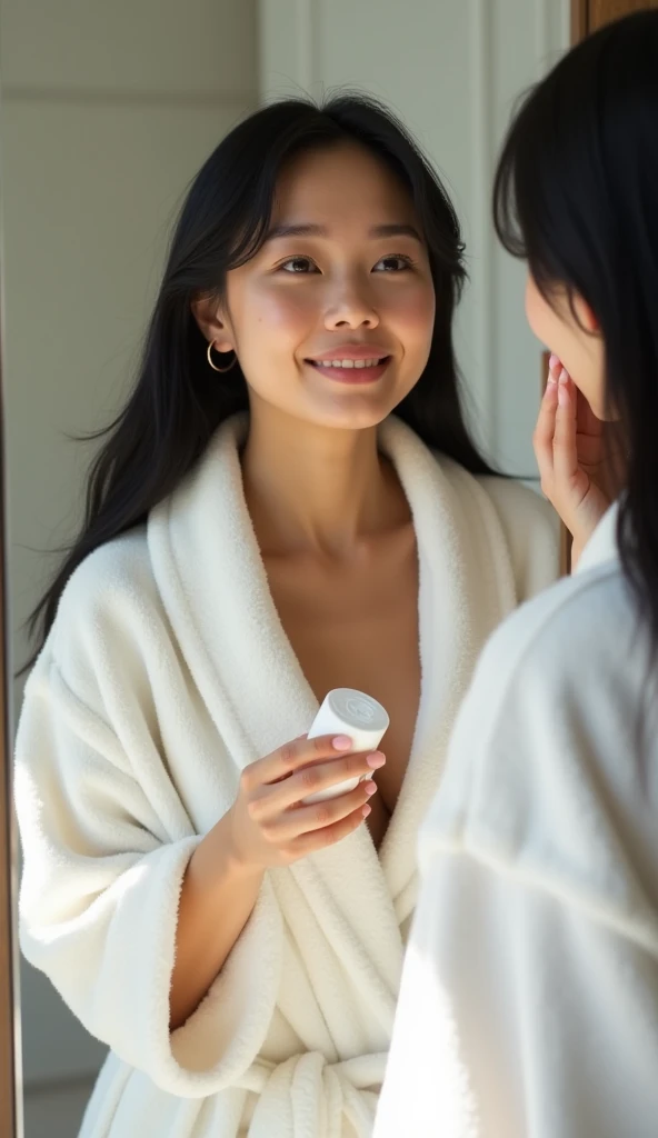 Stunning Asian model. standing in front of a luxurious bathroom mirror, carrying out her morning skincare routine. She is applying a facial cleanser with a gentle touch, bright expression. Her long black hair looks clean and silky, her cheeks are rosy, and...