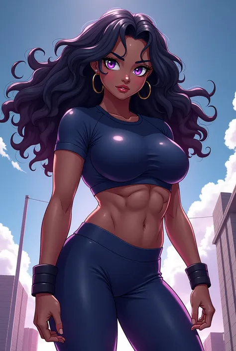 Female character from boku no hero, She has dark skin, is 170 cm tall and weighs 80 kg and his body measurements are: 100 cm bust, 75 cm waist and 100 cm hips. On top of all this, she has dark curly hair and lilac eyes.. She is wearing gym clothes, a short...