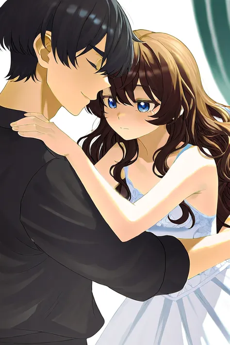 Tall teenager handsome with Black hair light cold blue eyes tall handsome bad temper wearing black clothes and a ballerina girl with brown hair long wavy hair and goldenish eyes in a magic land wearing a white delicate dress. The girl is dying in his arms....