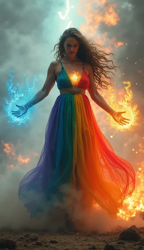 A four element witch, a stocky muscular middle-age woman, rainbow coloured witch dress, long wavy rainbow hair, casting incantation that creates stone and soil vortex on her feet, water vortex on her hips, fire vortex on her chest and cloud vortex over her...