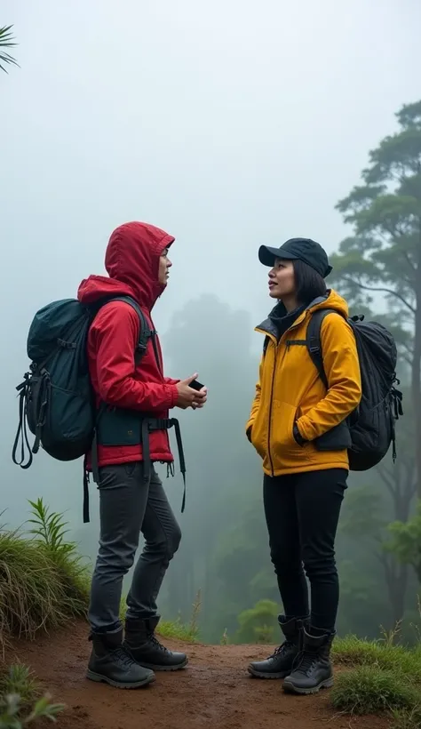 Two Indonesian climbers, Rakha wearing a yellow jacket and black pants, Mira, a woman wearing a red jacket and gray pants with a large backpack, are chatting in confusion because they are lost on a mountain with thick fog and lots of trees.