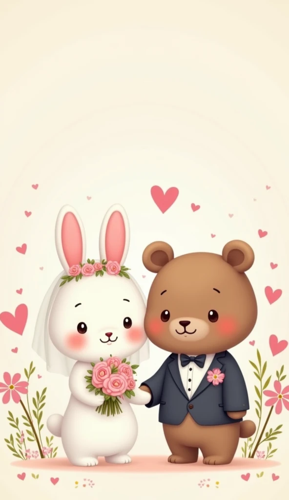 An adorable wallpaper featuring two animals dressed in wedding attire, like a bunny and a bear, symbolizing a couple. The bunny bride has a tiny veil and a floral bouquet, while the bear groom sports a tuxedo. The background is soft and light, with pastel-...