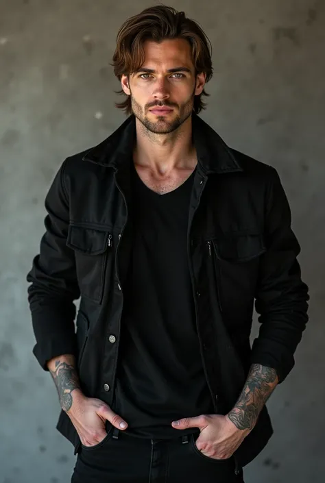  Handsome man with medium light brown hair,  light brown eyes,  white skin , tattooed, all-black casual clothing .