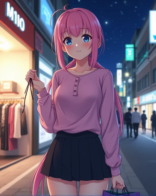 A 17-year-old lady , anime To love ru,  soft lighting ,  standing at the entrance of a store ,  she is leaving a clothing store in the central city of Shibuya in Tokyo, There are people around you at night with a starry sky and a bright moon. . she measure...