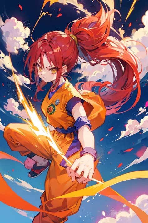 dragon ball, cute saiyan girl, young, ponytail, crimson hair, yellow eyes, , smile, electricity, aura, energy, focus on face, broly super saiyan outfit